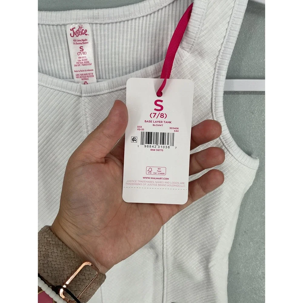 Justice Girls Tank Top White Ribbed Base Layer Sleeveless S 7/8